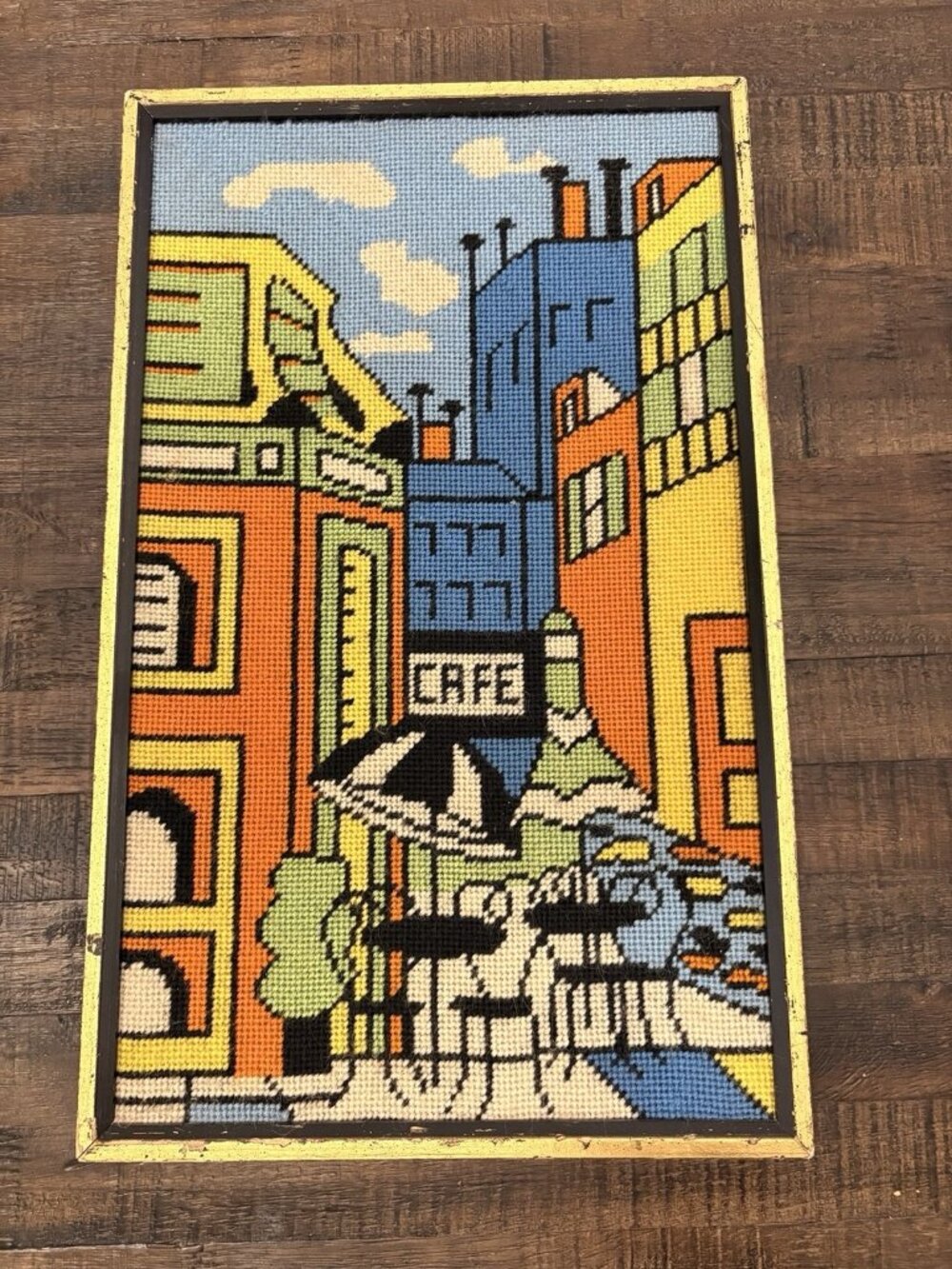 Mid-century Needlepoint Cafe City Framed Art-piece